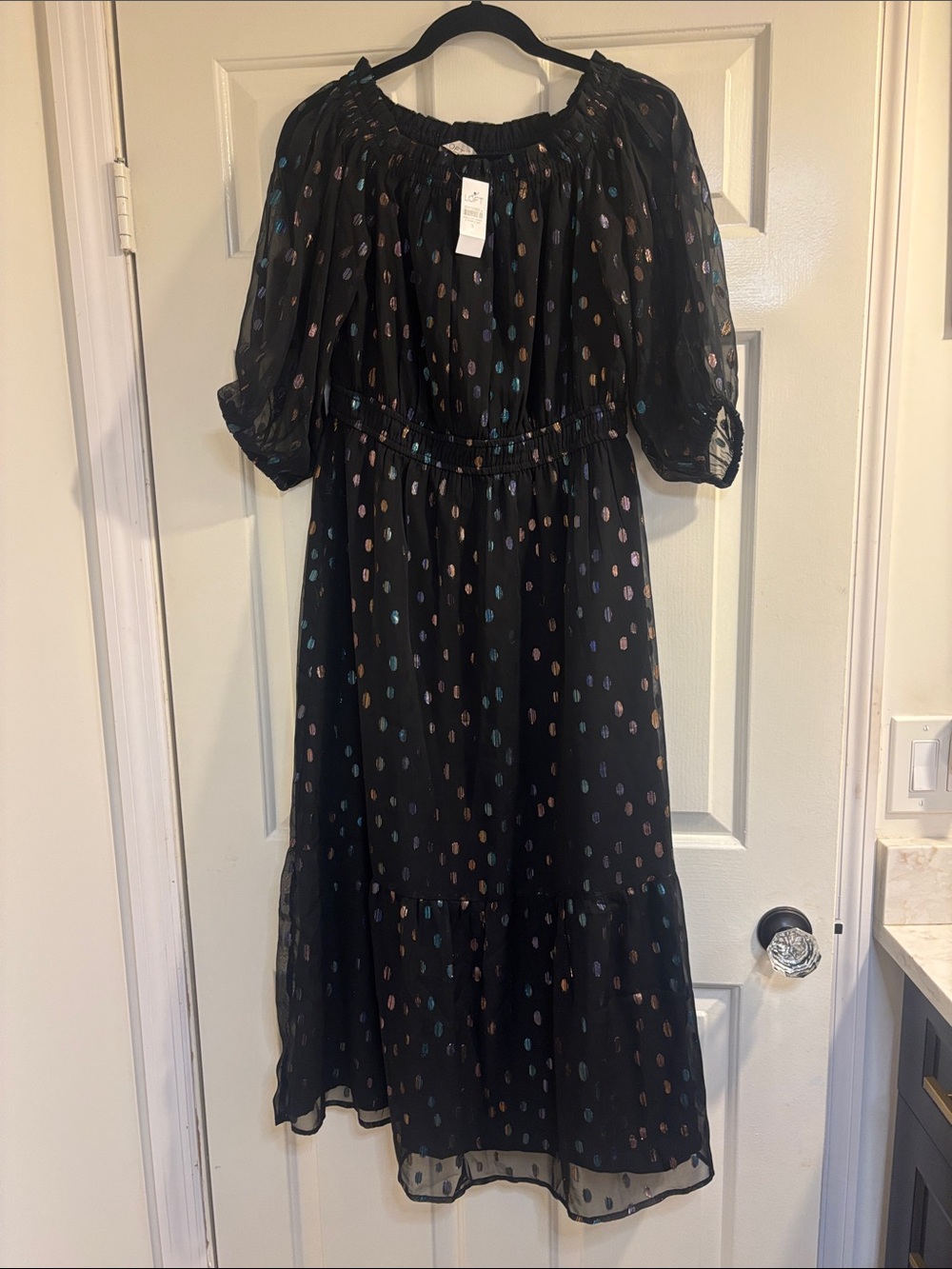 LOFT Black Midi Dress with Multicolor Metallic Dots